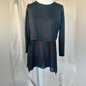 ANUE LIGNE BLACK  KNIT OVERLAY LONG SLEEVE SHEER HEM BLOUSE PETITE